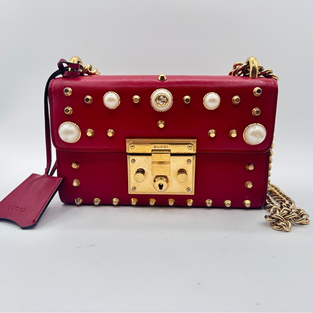 GUCCI Calfskin Studded Small Padlock Shoulder Bag Hibiscus Red w/COA